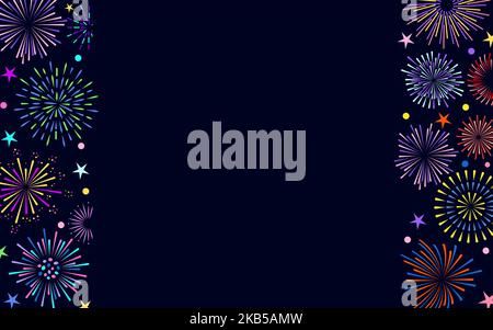 Fuochi d'artificio bordo carnevale. Festeggiamenti fuoco cornice fuochi d'artificio per il poster di natale del nuovo anno, Firecracker notte festival banner, compleanno carta. Vintage Sunburst raggi di sole radiali Illustrazione Vettoriale