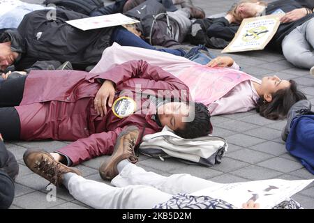 Estinzione gli attivisti e i sostenitori della ribellione partecipano alla manifestazione “Schiphol Die-in” presso l’aeroporto di Schiphol il 7 settembre 2019 ad Amsterdam, Paesi Bassi. I protettori ambientali della ribellione di estinzione hanno fatto una grande dimostrazione allo Schiphol contro l'espansione dell'aviazione e hanno lo scopo di richiamare l'attenzione su tali punti di vista in modo positivo, come la limitazione dell'uso di combustibili fossili e la necessità di ridurre l'aviazione. (Foto di Paulo Amorim/NurPhoto) Foto Stock