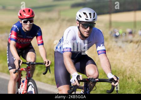 Peter Williams (GBR) del Team SwiftCarbon Pro Cycling sale hardens Hill, il primo re delle montagne Cat 2 Climb durante la fase 2 dell'OVO Energy Tour 16th della Gran Bretagna, Il palcoscenico dura 165,9km m con un'altitudine di 1380 metri e inizia e termina a Kelso il 8 settembre 2019 a Kelso, Scottish Borders, UK. (Foto di Ewan Bootman/NurPhoto) Foto Stock