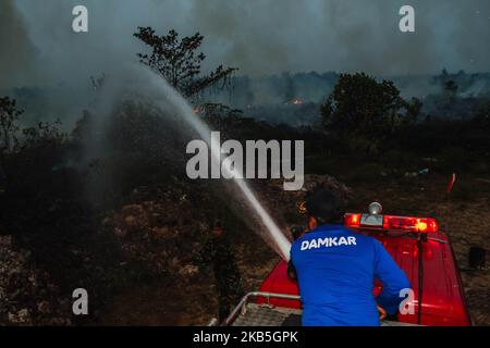 Un vigile del fuoco indonesiano cerca di estinguere un incendio da terra di contadini al villaggio di Tanah Merah, distretto di Kampar, provincia di Riau, Indonesia, settembre 8, 2019 un aumento degli incendi boschivi indonesiani – l’aumento più netto dal 2015 – ha infuriato la vicina Malesia, dove i residenti inalano fumo dalla torba e alberi bruciati a centinaia di chilometri di distanza. La stazione di meteorologia Pekanbaru ha riferito che 559 focolai sono stati osservati in tutta l’isola di Sumatra, di cui 125 focolai negli otto distretti della provincia di Riau la domenica mattina, deplorando la qualità dell’aria in alcune parti della provincia (Foto di Afrianto Silalahi/ Foto Stock