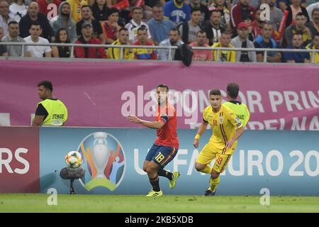 Jordi Alba di Spagna in azione contro Razvan Marin di Romania durante la partita di calcio di qualificazione UEFA EURO 2020 gruppo F Romania vs Spagna all'Arena Nationala il 05 settembre 2019 a Bucarest, Romania. (Foto di Alex Nicodim/NurPhoto) Foto Stock