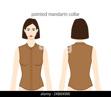 Collari con collo a punta, giacche abiti personaggio bella donna in terracota top, camicia, abito tecnico di moda illustrazione. Modello di abbigliamento piatto anteriore, posteriore. Donne, uomini unisex Illustrazione Vettoriale