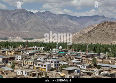 Vista di una sezione della città di Leh situato nella valle dell'Indus in Ladakh, Jammu e Kashmir, India, il 07 luglio 2014. Leh si trova a un'altitudine di 3.524 metri (11.562 piedi), ed è stata un'importante tappa sulle rotte commerciali lungo la Valle dell'Indo tra India e Cina per secoli. (Foto di Creative Touch Imaging Ltd./NurPhoto) Foto Stock