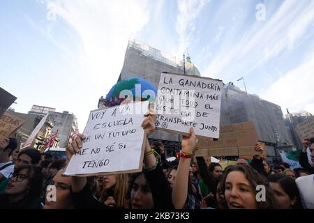 La gente partecipa a una manifestazione per la protesta sul cambiamento climatico "Venerdì per il futuro" a Buenos Aires, Argentina, il 27 settembre 2019. (Foto di Gisela Romio/NurPhoto) Foto Stock