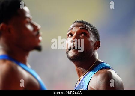 Justin Gatlin degli Stati Uniti gareggiando nel 100 metro per gli uomini durante i Campionati Mondiali di Atletica IAAF 17th al Khalifa Stadium di Doha, Qatar il 28 settembre 2019. (Foto di Ulrik Pedersen/NurPhoto) Foto Stock