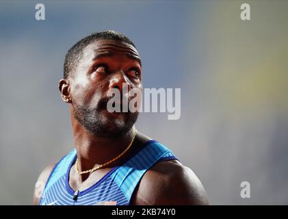 Justin Gatlin degli Stati Uniti gareggiando nel 100 metro per gli uomini durante i Campionati Mondiali di Atletica IAAF 17th al Khalifa Stadium di Doha, Qatar il 28 settembre 2019. (Foto di Ulrik Pedersen/NurPhoto) Foto Stock