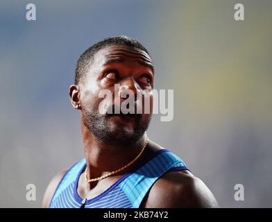 Justin Gatlin degli Stati Uniti gareggiando nel 100 metro per gli uomini durante i Campionati Mondiali di Atletica IAAF 17th al Khalifa Stadium di Doha, Qatar il 28 settembre 2019. (Foto di Ulrik Pedersen/NurPhoto) Foto Stock