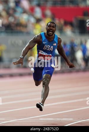 Justin Gatlin degli Stati Uniti durante i Campionati mondiali di atletica leggera IAAF 17th al Khalifa Stadium di Doha, Qatar, il 28 settembre 2019. (Foto di Ulrik Pedersen/NurPhoto) Foto Stock