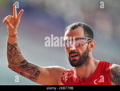 Ramil Goliyev della Turchia gareggia nei 200 metri per gli uomini durante i Campionati Mondiali di Atletica IAAF 17th allo Stadio Khalifa di Doha, in Qatar, il 29 settembre 2019. (Foto di Ulrik Pedersen/NurPhoto) Foto Stock