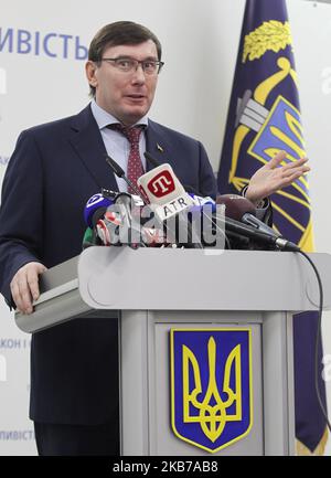 Una foto del file datata 07 marzo 2019 mostra il Procuratore Generale ucraino Yuriy Lutsenko parla durante una conferenza stampa a Kiev, Ucraina. (Foto di Str/NurPhoto) Foto Stock