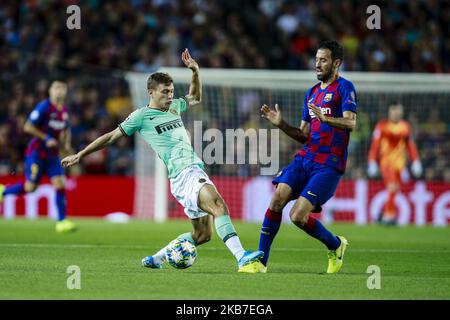 05 Sergio Busquets from Spain of FC Barcelona defended by 23 Nicolo Barella of FC Internazionale Milano during the UEFA Champions League group match between FC Barcelona and FC Internazionale Milano in Camp Nou Stadium in Barcelona 02 of October of 2019, Spain. (Photo by Xavier Bonilla/NurPhoto) Stock Photo