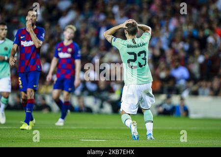 23 Nicolo Barella del FC Internazionale Milano durante la partita di gruppo della UEFA Champions League tra il FC Barcelona e il FC Internazionale Milano nello stadio Camp Nou di Barcellona 02 ottobre 2019, Spagna. (Foto di Xavier Bonilla/NurPhoto) Foto Stock