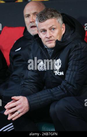 OLE Gunnar Solskjaer (Manchester United) si occupa del gioco UEFA Europa League Group L del 2019/20 tra AZ Alkmaar (Paesi Bassi) e Manchester United (Inghilterra) allo stadio Kyocera, all'Aia, Paesi Bassi, il 3 ottobre 2019. (Foto di Federico Guerra Moran/NurPhoto) Foto Stock