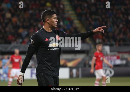 Marcos Rojo (Manchester United) si occupa del gioco UEFA Europa League Group L del 2019/20 tra AZ Alkmaar (Paesi Bassi) e Manchester United (Inghilterra) allo stadio Kyocera, all'Aia, Paesi Bassi, il 3 ottobre 2019. (Foto di Federico Guerra Moran/NurPhoto) Foto Stock