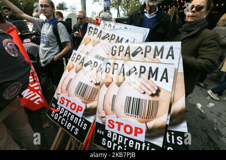 Signs against the PMA (Medically Assisted Reproduction) for all women and the GPA (Surrogacy) during a protest against a government plan to let single women and lesbians become pregnant with fertility treatments, on October 6, 2019 in Paris. The French National Assembly on September 26, 2019 voted in favor of a bill on bio-ethic giving all women access to fertility treatments such as in vitro fertilisation, 'procreation medicalement assistee' or PMA in French and artificial insemination. So far, only heterosexual couples have the right to use medically assisted procreation methods. (Photo by M Stock Photo
