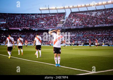 Rafael Santos Borré festeggia il suo gol durante una partita tra River Plate e Patronato come parte della Superliga Argentina 2019/20 all'Estadio Monumental Antonio Vespucio liberi il 06 ottobre 2019 a Buenos Aires, Argentina. (Foto di Manuel Cortina/NurPhoto) Foto Stock