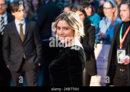 Greta Gerwig partecipa alla prima cinematografica britannica di 'Marriage Story' all'Odeon Luxe Leicester Square durante il 63rd° BFI London Film Festival May Fair Hotel Gala il 06 ottobre 2019 a Londra, Inghilterra. (Foto di Wiktor Szymanowicz/NurPhoto) Foto Stock