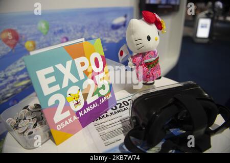 Il logo Osaka Expo 2025 viene visualizzato durante l'Osaka Summit G20 presso il centro stampa di INTEX Osaka, Giappone, il 29 giugno 2019. (Foto di Yichuan Cao/NurPhoto) Foto Stock