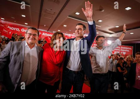 President of the Granada diputation, Jose Entrena, General Secretary of the Andalusian Socialist Workers Party (PSOE-A), Susana Diaz, Spanish Prime Minister, Socialist Workers Party (PSOE) Secretary General and candidate for November 10 general election in Spain, Pedro Sanchez, and former mayor of Granada, Paco Cuenca, during a meeting with PSOE affiliates at Nevada Palace Hotel on October 8, 2019 in Granada, Spain. (Photo by Fermin Rodriguez/NurPhoto) Stock Photo