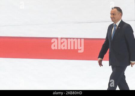 Andrzej Duda, Presidente della Polonia, si è messo in palio premi aziendali durante il primo giorno del Forum economico del Congresso 590, presso l'Arena Exhibition and Congress Centre G2A di Jasionka, vicino a Rzeszow. Lunedì 7 ottobre 2019 a Jasionka, Rzeszow, Polonia. (Foto di Artur Widak/NurPhoto) Foto Stock