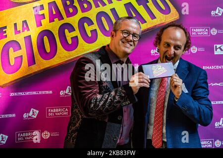 Ernst Knam, Christian Ginepro alla fotocall del musical "Charlie e la fabbrica di Cioccolato" durante la conferenza stampa del 11 ottobre 2019 a Milano. (Foto di Valeria Portinari/NurPhoto) Foto Stock