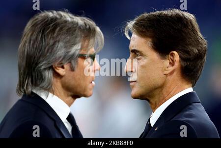 Roberto Mancini allenatore capo Italia con il Team Manager Gabriele orientali durante il Gruppo J qualificatori europei per la partita UEFA euro 2020 Italia contro Grecia allo Stadio Olimpico di Roma il 12 ottobre 2019 (Foto di Matteo Ciambelli/NurPhoto) Foto Stock