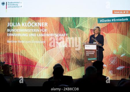 Julia Kloeckner, Ministro federale tedesco per l'alimentazione e l'agricoltura, interviene durante il Festival politico del raccolto 2019 a Berlino, in Germania, il 15 ottobre 2019. (Foto di Emmanuele Contini/NurPhoto) Foto Stock