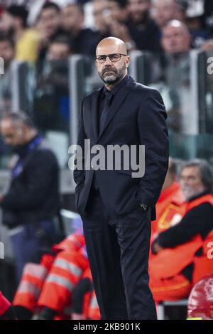 Peter Bosz, allenatore di Bayer Leverkusen, si occupa della partita di calcio n.2 JUVENTUS - BAYER LEVERKUSEN, che si terrà il 01 ottobre 2019 allo stadio Allianz di Torino, Piemonte, Italia. Risultato finale: Juventus-Bayer Leverkusen 3-0. (Foto di Matteo Bottanelli/NurPhoto) Foto Stock