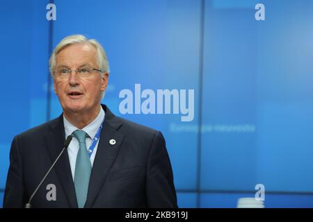 Michel Barnier, capo negoziatore della Commissione europea - UE, durante una conferenza stampa al Consiglio europeo del 17 ottobre 2019 a Bruxelles (Foto di Nicolas Economou/NurPhoto) Foto Stock