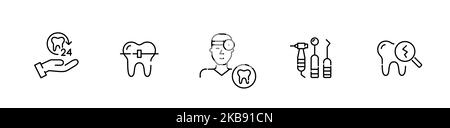 Set di icone relative all'odontoiatria. 24 ore, dentista, utensili, bretelle e smalto fessurato. Pixel Perfect, tratto modificabile Illustrazione Vettoriale