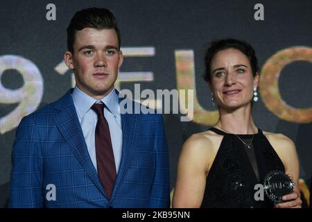 Mads Pedersen (Danimarca/Team Trek–Segafredo) e Marianne Vos (Olanda/Team CCC Liv), visti durante il Gala ciclistico UCI 5th a Guilin. Martedì 22 ottobre 2019, a Guilin, nella regione di Guangxi, Cina. (Foto di Artur Widak/NurPhoto) Foto Stock