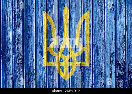 Stemma di Ucraina dipinto su telaio di legno Foto Stock
