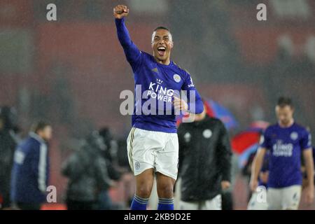 Il centrocampista di Leicester City, Youri Tielemans, festeggia una vittoria di $9-0 durante la partita della Premier League tra Southampton e Leicester City al St Mary's Stadium di Southampton venerdì 25th ottobre 2019. (Foto di Jon Bromley/ MI News/NurPhoto) Foto Stock