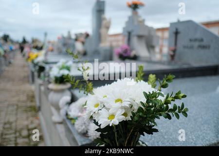 La gente va ai cimiteri per pulire le tombe e portare i fiori ai loro morti durante la giornata di tutti i santi, il 1st novembre 2019 a Madrid Spagna. (Foto di Antonio Navia/NurPhoto) Foto Stock