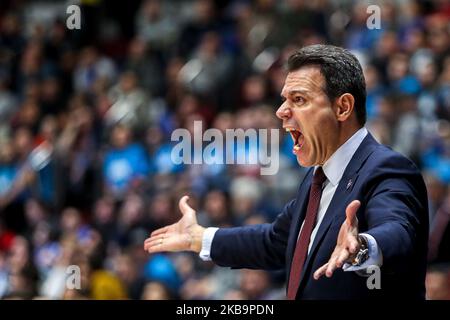 Dimitris Itoudis, Capo allenatore del CSKA Mosca reagisce durante la partita della Turkish Airlines Eurolega tra Zenit St Petersburg e CSKA Moscow alla Sibur Arena il 01 novembre 2019 a San Pietroburgo, Russia. (Foto di Igor Russak/NurPhoto) Foto Stock