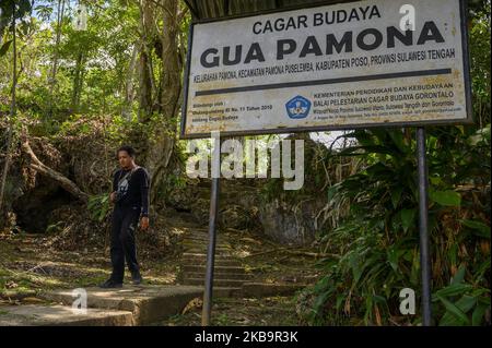 Poso, Sulawesi Centrale, Indonesia (2 novembre): Un visitatore cammina vicino all'ingresso della Pamona Cave Cultural Heritage Area a Tentena, Poso Regency, Central Sulawesi Province, Indonesia il 2 novembre 2019. La grotta lunga 200 metri con una profondità di 80 metri è un deposito per i resti della tribù di Pamona o delle popolazioni indigene della Reggenza di Poso. Si pensa che gli antenati di Pamona esistessero nell'età della pietra intorno al 2000 a.C. (Foto di Basri Marzuki/NurPhoto) Foto Stock