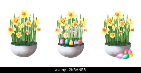 Pasqua impostare daffodils bouquet in ceramica pentola uova colorate isolato su sfondo bianco. Illustrazione del disegno a mano con acquerello. Arte per decorazione, desig Foto Stock
