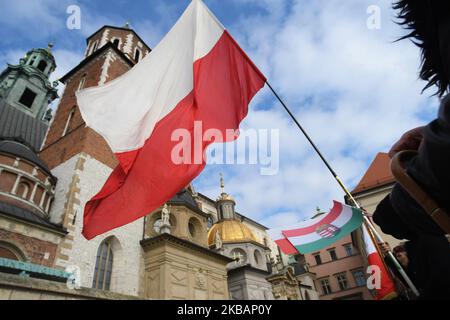 Le persone con bandiere nazionali polacche sono viste fuori dal Castello di Wawel in vista delle celebrazioni ufficiali di Cracovia del 11th novembre - Giornata dell'Indipendenza Polacca, e del 101st° anniversario del ripristino della sovranità della Polonia come seconda Repubblica Polacca nel 1918. Il 11 novembre 1918, la Polonia ha riconquistato la sua indipendenza dopo 123 anni di prigionia, durante i quali la Polonia era sotto il dominio di tre paesi che si separavano: Austria, Prussia e Russia. (Foto di Artur Widak/NurPhoto) Foto Stock