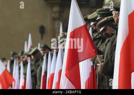 Persone con bandiera polacca fuori dal Castello di Wawel in vista delle celebrazioni ufficiali di Cracovia del 11th novembre - Giornata dell'Indipendenza Polacca e del 101st° anniversario del ripristino della sovranità della Polonia come seconda Repubblica Polacca nel 1918. Il 11 novembre 1918, la Polonia ha riconquistato la sua indipendenza dopo 123 anni di prigionia, durante i quali la Polonia era sotto il dominio di tre paesi che si separavano: Austria, Prussia e Russia. (Foto di Artur Widak/NurPhoto) Foto Stock