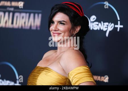 HOLLYWOOD, LOS ANGELES, CALIFORNIA, USA - 13 NOVEMBRE: Gina Carano arriva al Los Angeles Premiere di "The Mandalorian" di Disney+ tenutosi presso l'El Capitan Theatre il 13 novembre 2019 a Hollywood, Los Angeles, California, Stati Uniti. (Foto di Xavier Collin/Image Press Agency/NurPhoto) Foto Stock