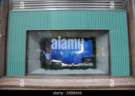 Tiffany & Co. O il negozio di punta di Tiffany alla 5th Ave a New York City, Stati Uniti d'America. Tiffany's è un marchio americano di gioielli di lusso. L'edificio storico e il logo di Tiffany sono famosi e conosciuti in tutto il mondo dall'iconico film Breakfast at Tiffany's con Audrey Hepburn del 1961. Gioielli Tiffany's e iconiche confezioni blu regalo in mostra presso il negozio. New York, USA - 18 novembre 2019 (Foto di Nicolas Economou/NurPhoto) Foto Stock