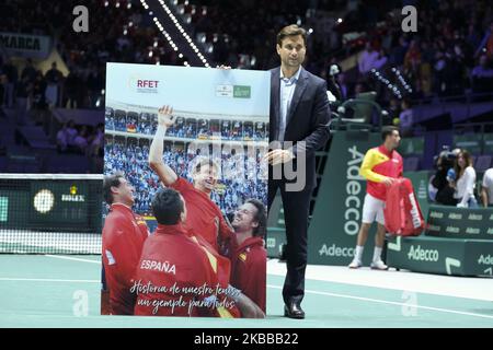 David Ferrer di Spagna riceve riconoscimenti per la sua carriera come tennista durante il giorno 3 della Coppa Davis 2019 a la Caja Magica il 20 novembre 2019 a Madrid, Spagna. (Foto di Oscar Gonzalez/NurPhoto) Foto Stock