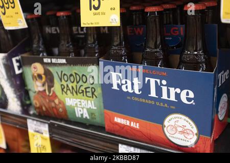 La birra Fat Tire Amber Ale della New Belgium Brewing Company può essere vista in un negozio di Mountain View, California, Stati Uniti giovedì 21 novembre 2019. La New Belgium Brewing, con sede in Colorado, sarà acquisita da Lion Little World Beverages, di proprietà del conglomerato giapponese Kirin Holdings Company Limited. (Foto di Yichuan Cao/NurPhoto) Foto Stock