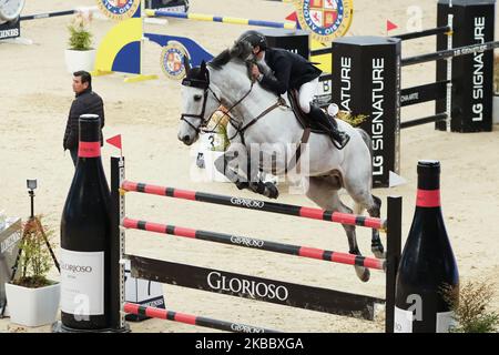 Un partecipante al suo cavallo durante la settimana del Cavallo di Madrid CSI5 a Ifema Madrid 29 novembre 2019 Spagna. Un evento di 3 giorni di competizioni, spettacoli e mostre. (Foto di Oscar Gonzalez/NurPhoto) Foto Stock