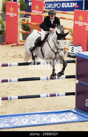 Un partecipante al suo cavallo durante la settimana del Cavallo di Madrid CSI5 a Ifema Madrid 29 novembre 2019 Spagna. Un evento di 3 giorni di competizioni, spettacoli e mostre. (Foto di Oscar Gonzalez/NurPhoto) Foto Stock