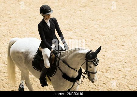 Un partecipante al suo cavallo durante la settimana del Cavallo di Madrid CSI5 a Ifema Madrid 29 novembre 2019 Spagna. Un evento di 3 giorni di competizioni, spettacoli e mostre. (Foto di Oscar Gonzalez/NurPhoto) Foto Stock