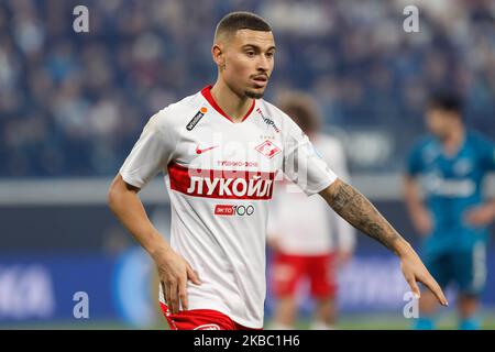 Jordan Larsson del FC Spartak Moscow gesti durante la partita della Premier League russa tra il FC Zenit Saint Petersburg e il FC Spartak Moscow il 1 dicembre 2019 alla Gazprom Arena di San Pietroburgo, Russia. (Foto di Mike Kireev/NurPhoto) Foto Stock