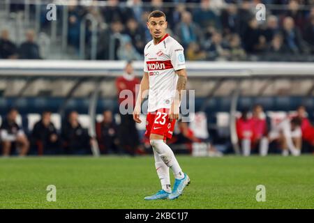 Jordan Larsson del FC Spartak Moscow guarda durante la partita della Premier League russa tra il FC Zenit Saint Petersburg e il FC Spartak Moscow il 1 dicembre 2019 alla Gazprom Arena di San Pietroburgo, Russia. (Foto di Mike Kireev/NurPhoto) Foto Stock