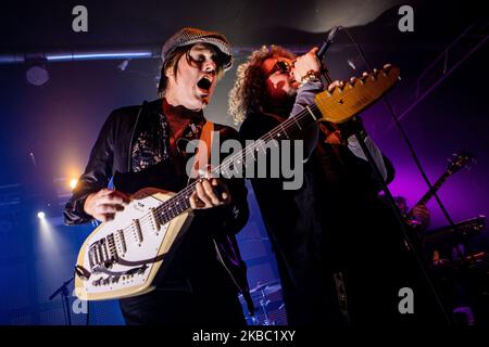 Frans 'Spike' van Zoest (L) and Marcel Veenendaal (R) of DI-RECT performs live at Serraglio in Milano, Italy, on December 01 2019. Di-rect is a rock band from The Hague, the Netherlands, which was formed in 1999, and have reached 20 million streams in the Netherlands. In 2019, on the occasion of the twentieth anniversary of the birth of the band, they face their first European tour. (Photo by Mairo Cinquetti/NurPhoto) Stock Photo