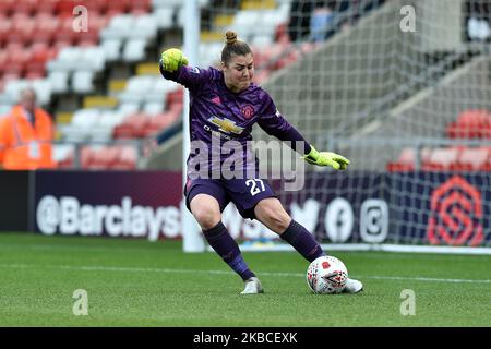 Mary Earps of Manchester United Women in action during the Barclays FA Women's Super League match between Manchester United and Everton at Leigh Sport Stadium, Leigh on Sunday 8th December 2019. (Photo by Eddie Garvey/MI News/NurPhoto) Stock Photo